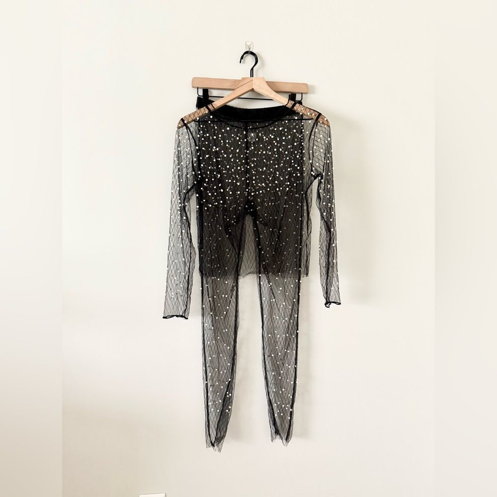 Amazon Sheer Long Sleeve Top and Pant Set Black with Pearl Detail - Size M